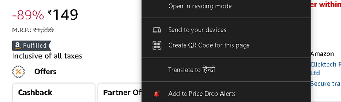 Price Drop Alert Chrome Extension | Open Context Menu on Product